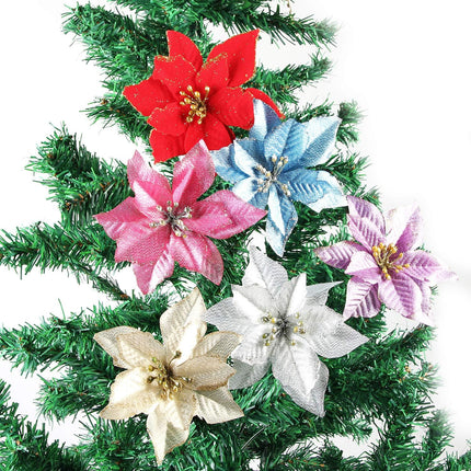 Poinsettia Christmas Decorations Glitter Artificial Poinsettia Flowers for Christmas Tree Decorations(12Pack)(Silvery)
