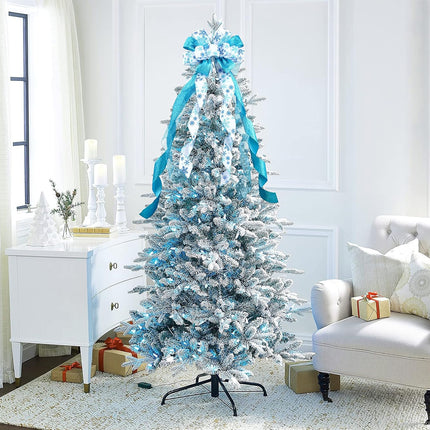 MEEDEE Blue Christmas Tree Topper 12" Wide Glitter Christmas Bows Snowflake Ribbon Bow Blue Tree Topper Blue Bows for Christmas Tree Decorations (1 Pack)