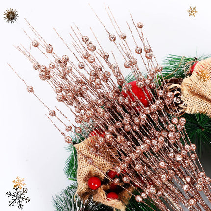 Geosar 30 Pcs Christmas Artificial Glitter Berry Stem Decorations Bead Sticks Pick 17 Inch Xmas Ornaments Glittery Twigs for Christmas Tree Halloween Wreath Vase Filler Home Decor(Rose Gold)