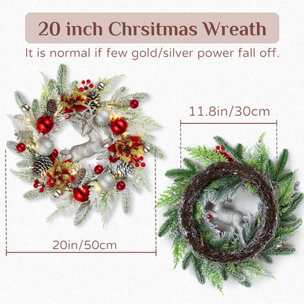 Christmas Wreath Front Door with Lights Indoor - Walasis Flocked Xmas Wreaths Door Decor 20inch White Winter Wreath Christmas Deer Wall Decoration