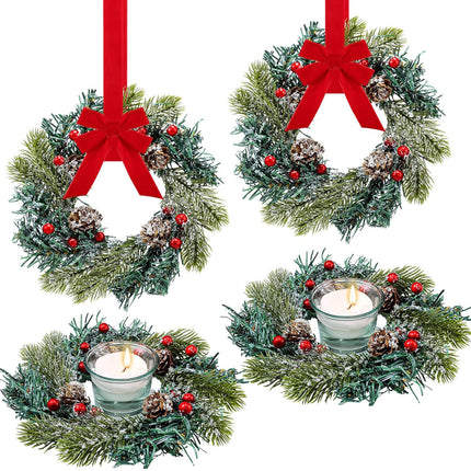 Jexine 4 Pieces Christmas Candle Rings Wreaths Small Christmas Kitchen Cabinet Wreaths Pillars Mini Candle Rings Christmas Table Centerpieces Hanging Garlands for Christmas Front Door Window Decor