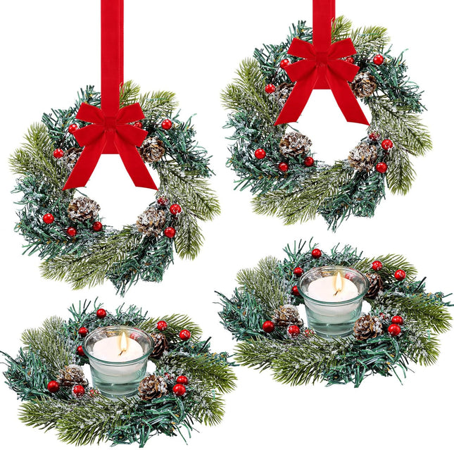 Jexine 4 Pieces Christmas Candle Rings Wreaths Small Christmas Kitchen Cabinet Wreaths Pillars Mini Candle Rings Christmas Table Centerpieces Hanging Garlands for Christmas Front Door Window Decor