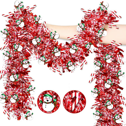 33 Ft Christmas Tinsel Garland Christmas Decorations with Snowman Candy Cane Red Metallic Christmas Garlands for Christmas Tree Decor Indoor Outdoor Christmas Party Decorations Home Mantle Fireplace