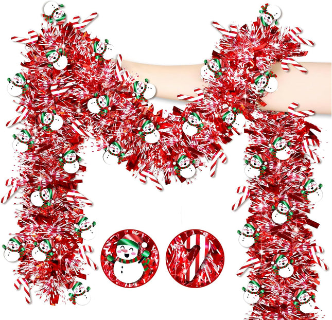 33 Ft Christmas Tinsel Garland Christmas Decorations with Snowman Candy Cane Red Metallic Christmas Garlands for Christmas Tree Decor Indoor Outdoor Christmas Party Decorations Home Mantle Fireplace