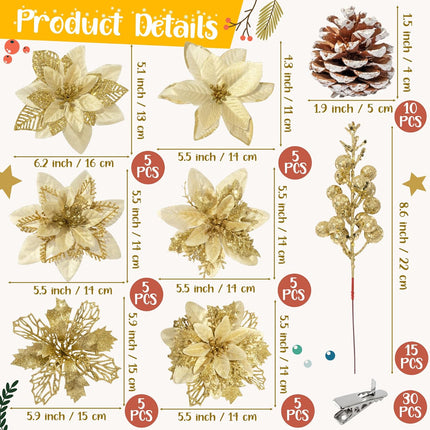 CNhoqc 115pcs Christmas Tree Decoration Accessories, Set of Gold Glitter Artificial Flower, Berry Picks, Pine Cones, Stems, Christmas Poinsettia Flower for Xmas Tree Wreath Wedding Party Decor (Gold)