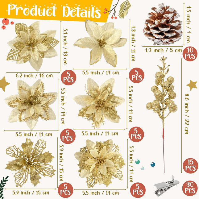 CNhoqc 115pcs Christmas Tree Decoration Accessories, Set of Gold Glitter Artificial Flower, Berry Picks, Pine Cones, Stems, Christmas Poinsettia Flower for Xmas Tree Wreath Wedding Party Decor (Gold)