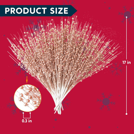 Joiedomi 24 pcs Christmas Tree Berry Stem (Rose Gold) Ornaments, Glittery Decorative Bead Sticks, Glittery Twigs, Picks, Branches for Christmas Tree, Small Vase, Holiday, Wedding, Party Decorations