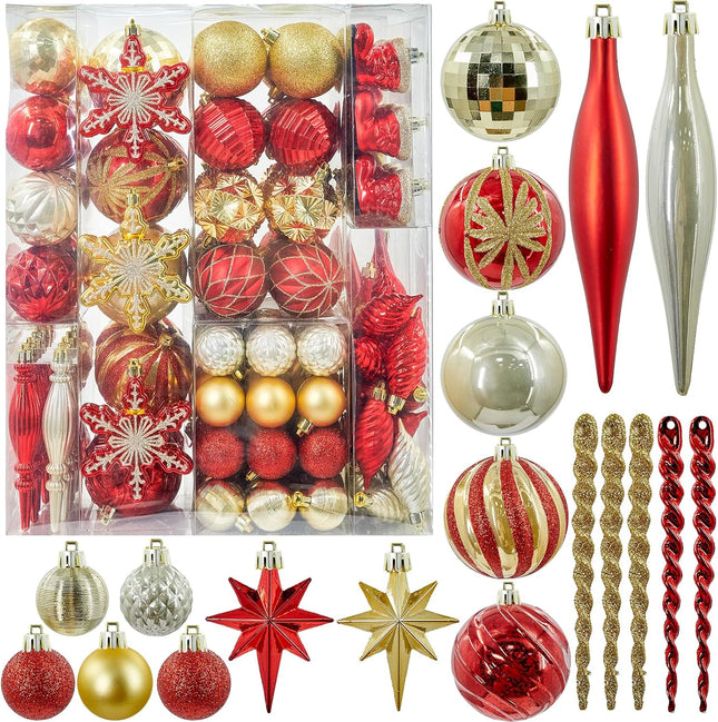Christmas Decorations for Xmas Tree 190PCS Christmas Ornaments Set, Shatterproof Christmas Balls Ornaments for Holidays Tree Decorations, Red and Gold (Multi-Sizes and Multi-Styles)