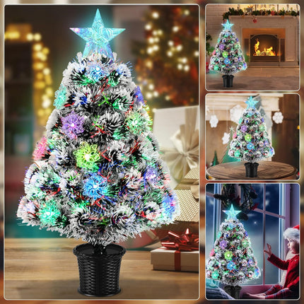 Pre-Lit Fiber Optic Christmas Tree 22inch Small Tabletop Christmas Tree Artificial Xmas Tree with Snowflake,Top Star, RGB Lights,Battery/USB Operated for Desktop,Holiday
