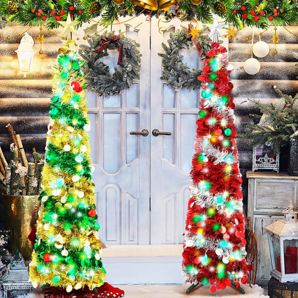 2 Pcs 5 ft Prelit Slim Christmas Tree Decor Pop Up Pencil Christmas Tree with String Lights Artificial Sequin Collapsible Christmas Tree with Star Topper for Xmas Holiday Outdoor Decorations