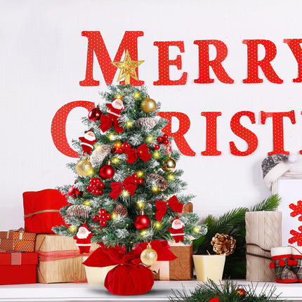 Sggvecsy 23.6’’ Mini Snow Frosted Christmas Tree Table Top Lighted Artificial Xmas Tree Star Treetop Pine Cones Red Bows Balls Santa Clause Red Berries Hanging Ornaments DIY Holiday Indoor Decorations
