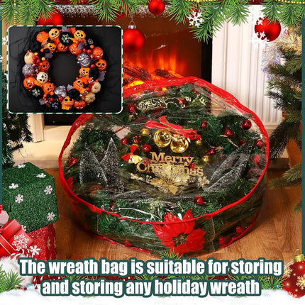 Zhengmy 4 Pack 30" 24" Wreath Storage Container Clear Christmas Wreath Storage Bags with Handle and Dual Zipper Plastic Decorative Wreath Protector for Xmas Seasonal Holiday Wreath Garland(Red)