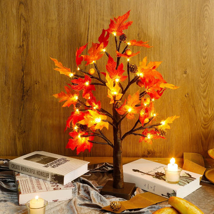 Twinkle Star 23 Inch Tabletop Lighted Maple Tree Battery Operated, Thanksgiving Table Decor with 32 LED Lights, Maple Leaves, Pine Cones and Acorn Autumn Tree for Indoor Home Bedroom Fall Decorations