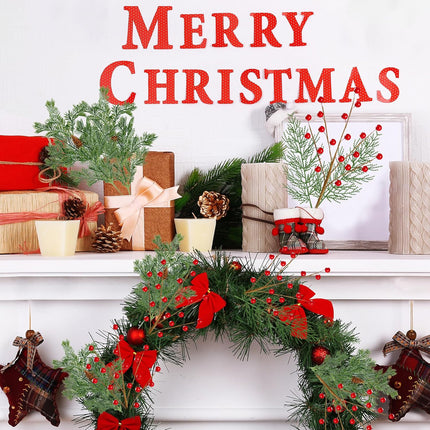 Sggvecsy 30 Pcs Artificial Pine Branches Fake Greenery Pine Picks with Pine Cones Artificial Red Berry Branches Christmas Pine Needles for DIY Wreath Xmas Embellishing Flower Arrangements Decoration