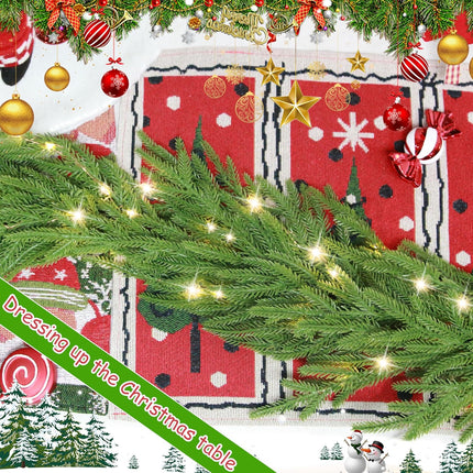 6 Ft Christmas Norfolk Pine Garland with 100 LED Lights, Dense Norfolk Pine Real Touch Garland, Artificial Pine Greenery Garlands for Christmas Holiday Mantle Fireplace Table Home Decor Xmas