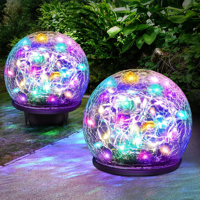 Solar Garden Lights, 2 Pack 80 LED Multicolor Cracked Glass Solar Outdoor Lights Decorative, d Waterproof Ball Lights for Yard Pathway Patio Lawn Christmas Outside Decor, 5.9"
