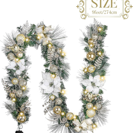 Valery Madelyn 9 feet Pre-Lit Christmas Garland with Lights for Mantle, Lighted Battery Operated Xmas Garland with White Gold Balls for Front Door Fireplace Table Centerpiece Outdoor Window Home Decor