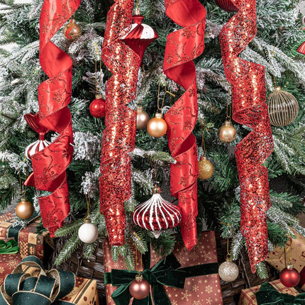 Red Linen Snowflake Glitter Topper Bow for Christmas Tree 11 Inch Topper Bow with 4 Ribbons 3 Yards Long Each Tails Christmas Tree Ribbon Bows Elegant Holiday Décor