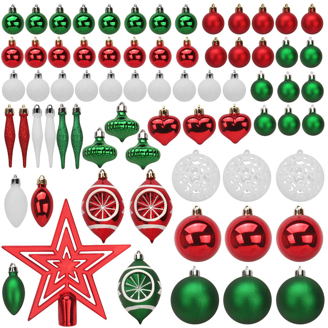 Joiedomi 70Pcs Assorted Christmas Ornaments Set with Ball Ornaments, Star Topper and Heart, Hanging Shatterproof Christmas Ornaments for Holidays and Xmas Tree Ornaments (Red, Green and White)