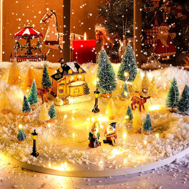Yerliker 28 Pieces Christmas Mini Miniature Village Accessories Artificial Trees Street Lamps Santa Snow Houses Elk for Miniature Scenes Village Displays (Lake Blue and Beige,Gnome Style)