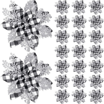 5.7 Inch Artificial Poinsettias Christmas Glitter Flowers with Clips Xmas Tree Flower Ornament Poinsettias Decor (Black and White Buffalo with Silver Petals,24 Pieces)