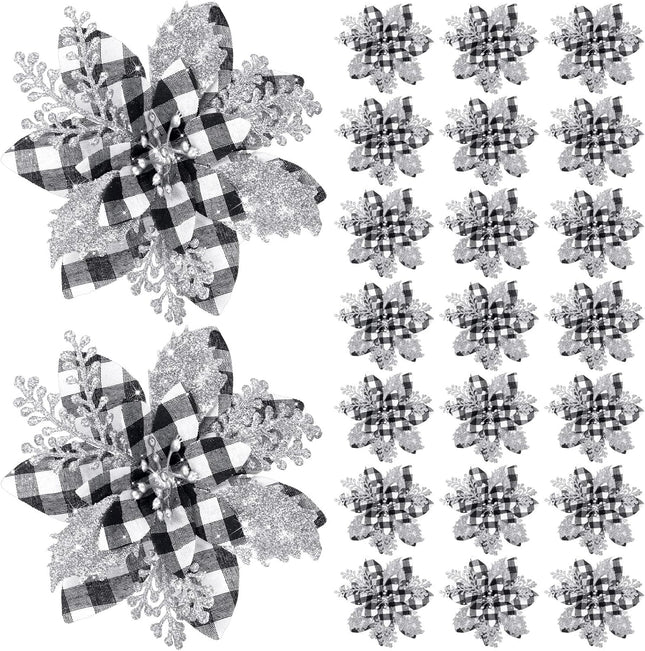 5.7 Inch Artificial Poinsettias Christmas Glitter Flowers with Clips Xmas Tree Flower Ornament Poinsettias Decor (Black and White Buffalo with Silver Petals,24 Pieces)