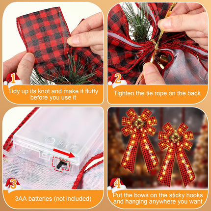 Hiboom 2 Pcs Lighted Large Christmas Bows Decoration, 20 x 12'' Red Black Plaid Burlap Wreath Bow with Berries Hazelnuts Bells Pine Needles Ornament for Christmas Party Front Door Fireplace Wall Decor