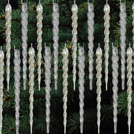 Icicle Ornaments for Christmas Tree - Set of 48 Assorted Shatterproof Icicles - 24 Glitter Silver Icicles and 24 Clear Iridescent Icicles - 5" Long