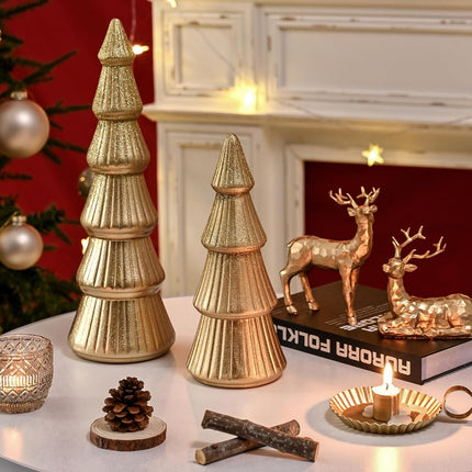 Wooden Christmas Tree Figurine, 2Pcs Gold Tree Figurines, Decorative Trees for Tabletop, Small Glittered Golden Xmas Tree Figurines for Christmas Mantle Indoor Decor