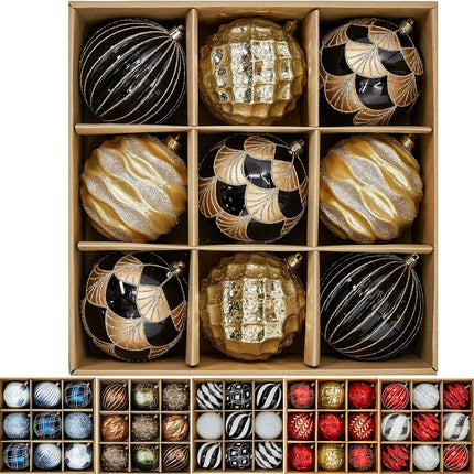 9-Pack 4 Inch/100MM Large Black Gold Christmas Ball Ornaments with Hooks for Xmas Tree Decoration and Holiday Winter Party Halloween Decorations