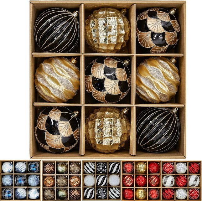 9-Pack 4 Inch/100MM Large Black Gold Christmas Ball Ornaments with Hooks for Xmas Tree Decoration and Holiday Winter Party Halloween Decorations