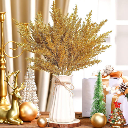 12 Pcs Christmas Artificial Pine Needles Faux Cedar Branches 17 Inch Glitter Fake Foliage Pine Stems Picks Christmas Tree Ornaments for DIY Xmas Garland Wreath Crafts Decoration(Gold)