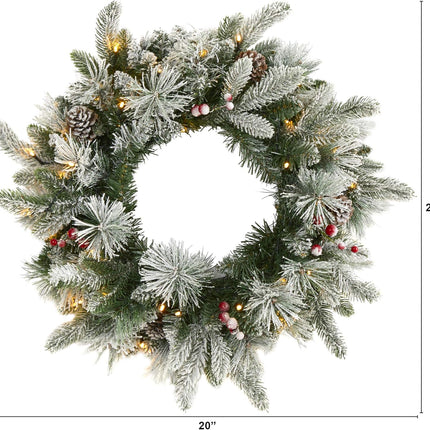 Nearly Natural 20in. Flocked Mixed Pine Artificial Christmas Wreath with 50 LED Lights, Pine Cones and Berries