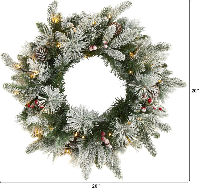 Nearly Natural 20in. Flocked Mixed Pine Artificial Christmas Wreath with 50 LED Lights, Pine Cones and Berries