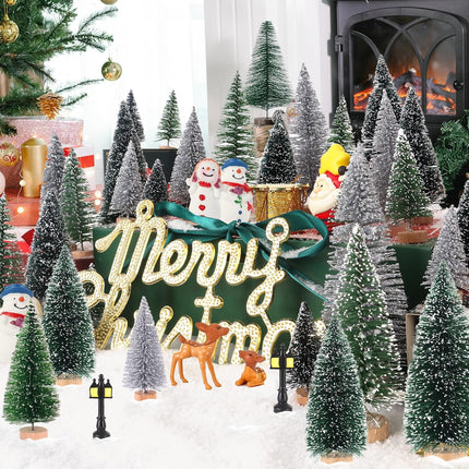 Mini Christmas Tree Christmas Decorations 30Pcs - Bottle Brush Christmas Trees with 5 Sizes, Miniature Pine Trees with Wooden Base for Christmas Party Home Table Craft Decor (Silver+Green+DarkGreen)