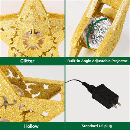 Star Christmas Tree Topper Lighted with Built-in Rotating LED Projector, Gold Glitter Starburst Tree Top Projection of 4 Dynamic Images for Christmas Tree Home Office Party Decor Ornament