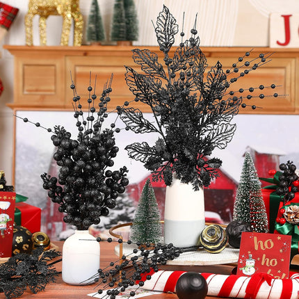 24CT 3 Styles Glitter Artificial Ilex Berry Branch&Holly Leaf Christmas Decorations, Fake Berries Stems Ornaments for Tree/Garland/Wreath, Faux Xmas Decor Indoor&Outdoor, Black
