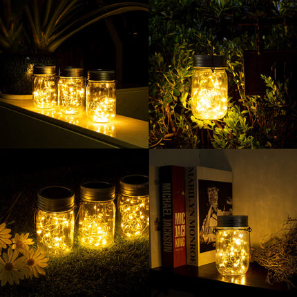GIGALUMI Hanging Solar Mason Jar Lights, 6 Pack 30 Led String Fairy Lights Hanging Solar Lanterns Outdoor Waterproof, Hangers and Jars Included, Outdoor Decor for Christmas, Wedding, Garden, Patio