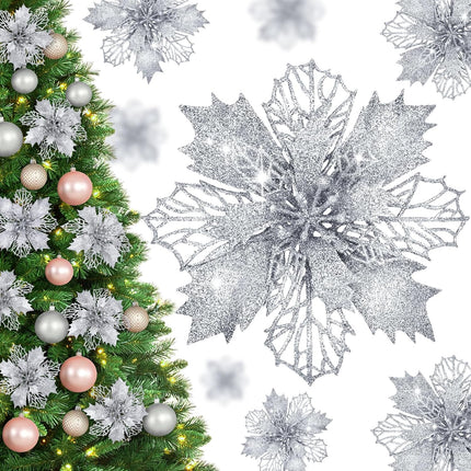 Waipfaru 12 Pcs Poinsettias Artificial Christmas Flowers, Silver Christmas Tree Decorations, White Glitter Christmas Ornaments for Xmas Wreath Garland Winter Wedding Decor