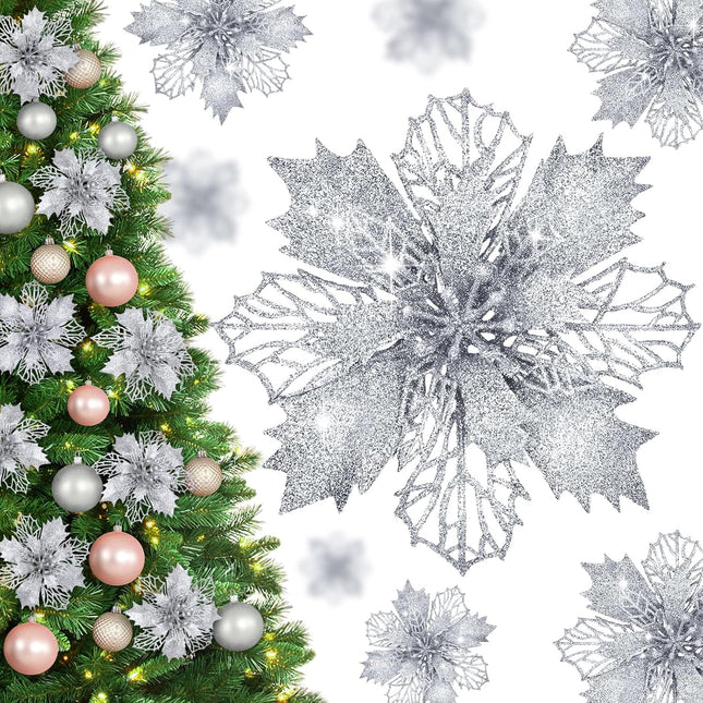 Waipfaru 12 Pcs Poinsettias Artificial Christmas Flowers, Silver Christmas Tree Decorations, White Glitter Christmas Ornaments for Xmas Wreath Garland Winter Wedding Decor