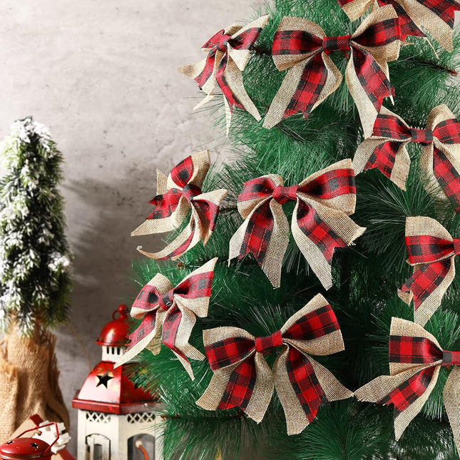 Waydress 20 Pieces Christmas Burlap Bow Buffalo Plaid Bow Christmas Wreath Decoration Bow Door Burlap Natural Bowknot Ornament for Christmas Tree Craft Home Decoration (Red and Black)