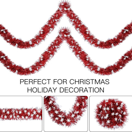 Sggvecsy 32.8Ft Christmas Snowflake Tinsel Garland Xmas Tree Decorations Red Christmas Metallic Twist Garland Ceiling Hanging Decorations for Year Party Birthday Holiday Indoor Outdoor Supplies