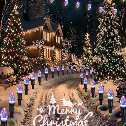 Christmas Pathway Lights Outdoor, 25Ft 20 Led C9 Christmas Lights with 20 Stakes, Waterproof Connectable Christmas Walkway Lights for Sidewalk, Yard, Garden, Lawn, Outdoor Christmas Decorations