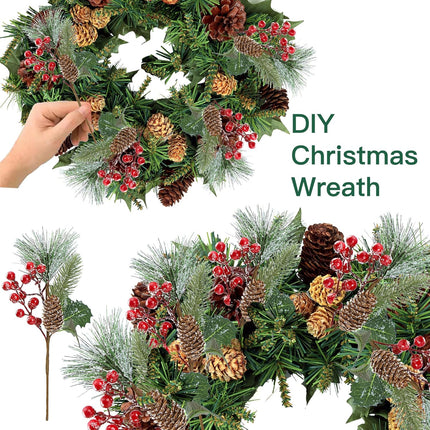 Sggvecsy 6 Pack Snow Frosted Christmas Berries Pine Picks Artificial Red Berry Pine Branches Frosted Faux Pine Stem with Pine Cones Holly Berry Leaves for Xmas Tree Wreath DIY Craft Holiday Decor