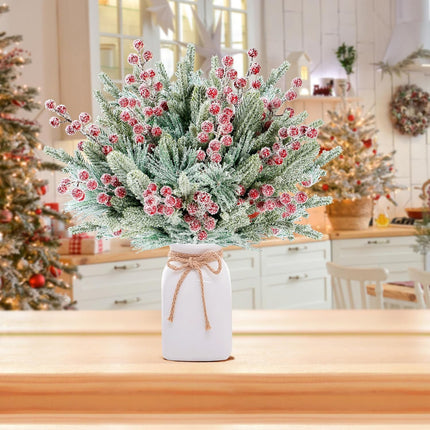 Sggvecsy 60 Pcs Artificial Snowy Pine Branches Fake Frosted Greenery Pine Picks Artificial Red Berry Stems Christmas Pine Needles for DIY Christmas Garland Wreath Xmas Flower Arrangements Decoration