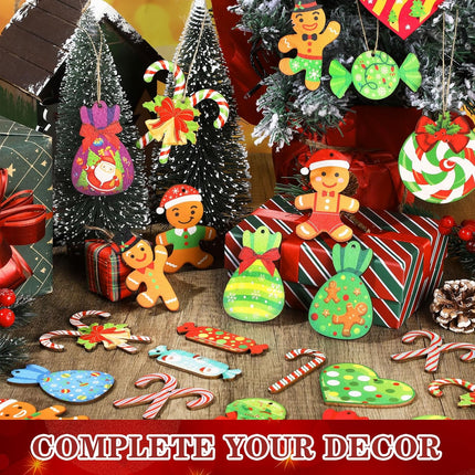Soaoo 100 Pieces Christmas Peppermint Candy Hanging Ornaments Wood Christmas Tree Ornaments Set Lollipop Gingerbread Candy Cane Decorations with Rope Decorative Hanging Ornaments for Xmas (Stylish)
