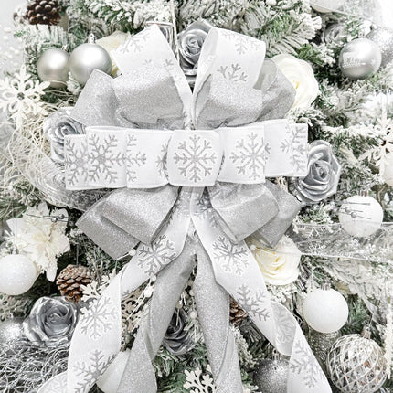 Christmas Tree Topper Bow, 53x13 Inches Large Christmas Bow with Glitter Streamer and Patterned Ribbon, Decorative Bows for Xmas Tree Wreath Door Festival Home Decor(White & Silver Snowflake)