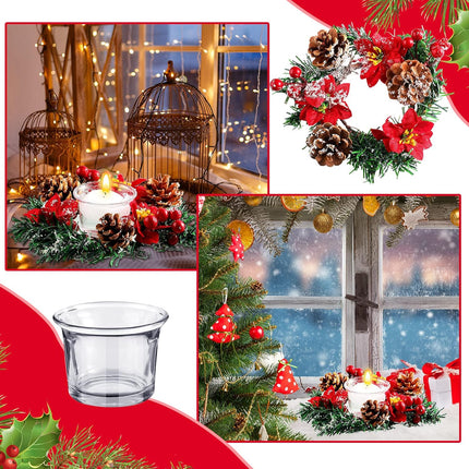 4 Pcs 7 Inch Christmas Poinsettia Candle Holder Red Berries Snowy Pine Needles Candle Rings Xmas Wreath Candle Holder Centerpiece with 4 Pcs Candle Holders Glass for Xmas Home Party Table Decor