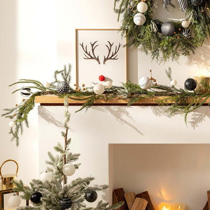 Decorbyhannah Christmas Garland with Lights, 6ft Lighted Norfolk Pine Garland with Boho Ornaments, Battery Operated Artificial Greenery Garland Christmas Decorations for Mantle(Boho Black & White)