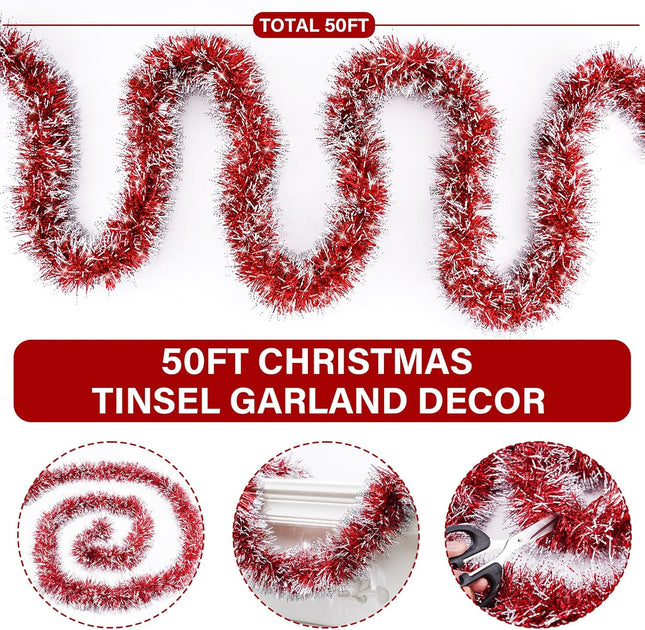 50 Feet Red/White Christmas Tinsel Garland, Metallic Hanging Tinsel Streamers Garland for Christmas Decorations, Garland for Christmas Tree Birthday Party Indoor and Outdoor